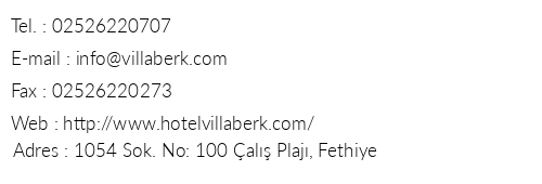 Hotel Villa Berk telefon numaralar, faks, e-mail, posta adresi ve iletiim bilgileri